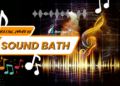 A captivating image of sound bath bowls set, echoing the essence of sound therapy and bathed in serene frequencies alongside music notes.