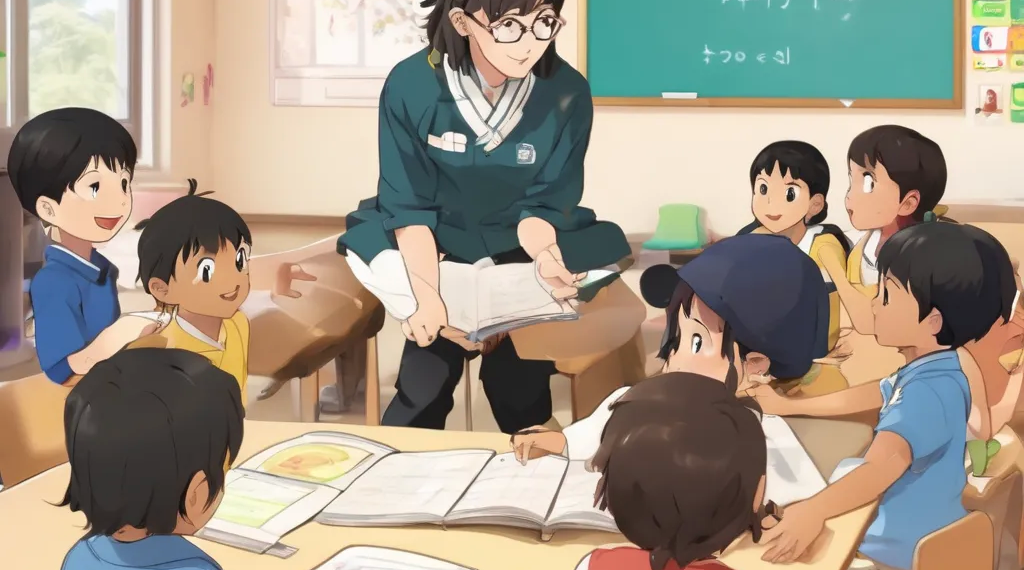 A teacher supporting cognitive development in a classroom with children.