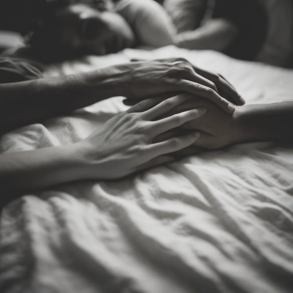 A person experiencing physical intimacy while holding hands on a bed.