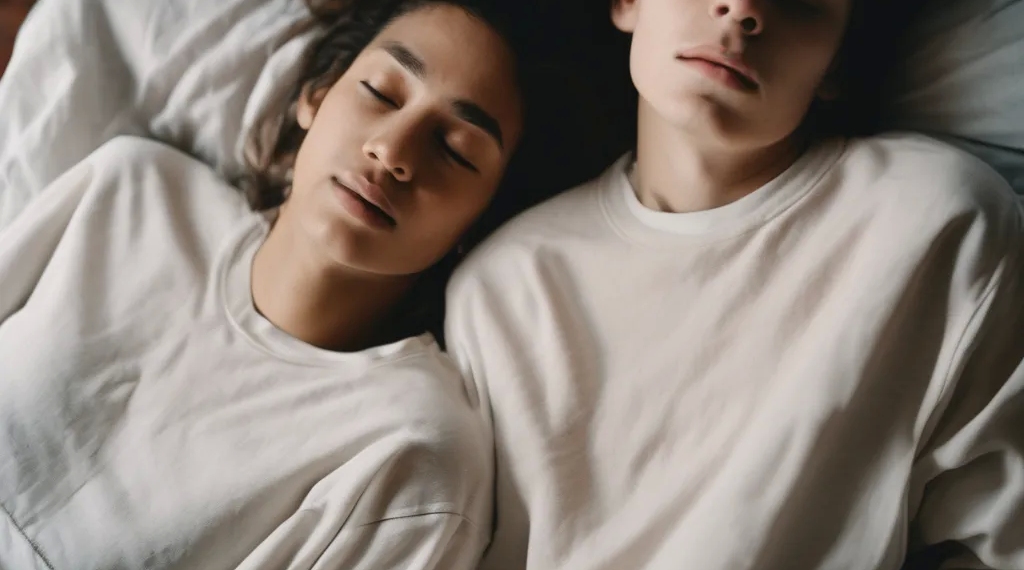 Two people sleeping peacefully side by side on a bed.