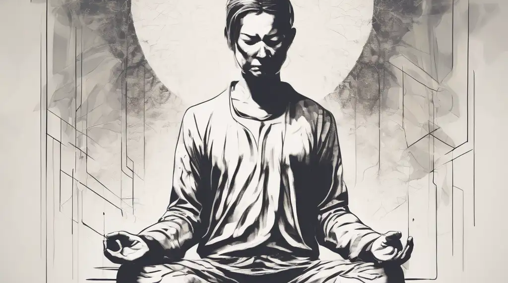 A black and white drawing of a man meditating in a lotus position, representing the practice of mindfulness and its potential impact on mental health disparities.