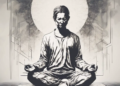 A black and white drawing of a man meditating in a lotus position, representing the practice of mindfulness and its potential impact on mental health disparities.