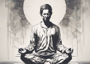 A black and white drawing of a man meditating in a lotus position, representing the practice of mindfulness and its potential impact on mental health disparities.