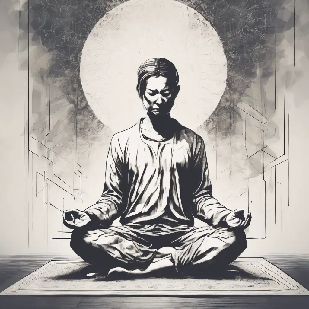 A black and white drawing of a man meditating in a lotus position, representing the practice of mindfulness and its potential impact on mental health disparities.