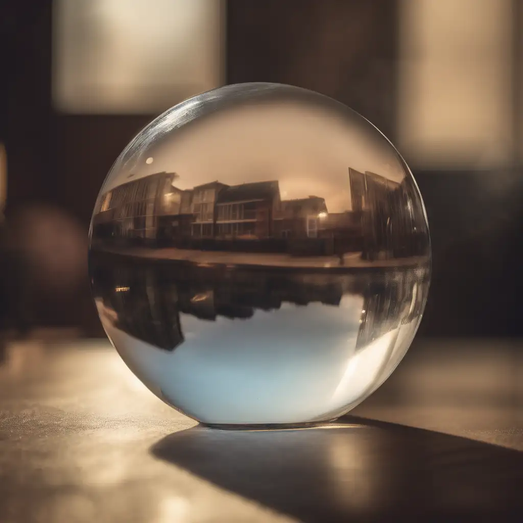 A glass ball on a table reflecting a building.