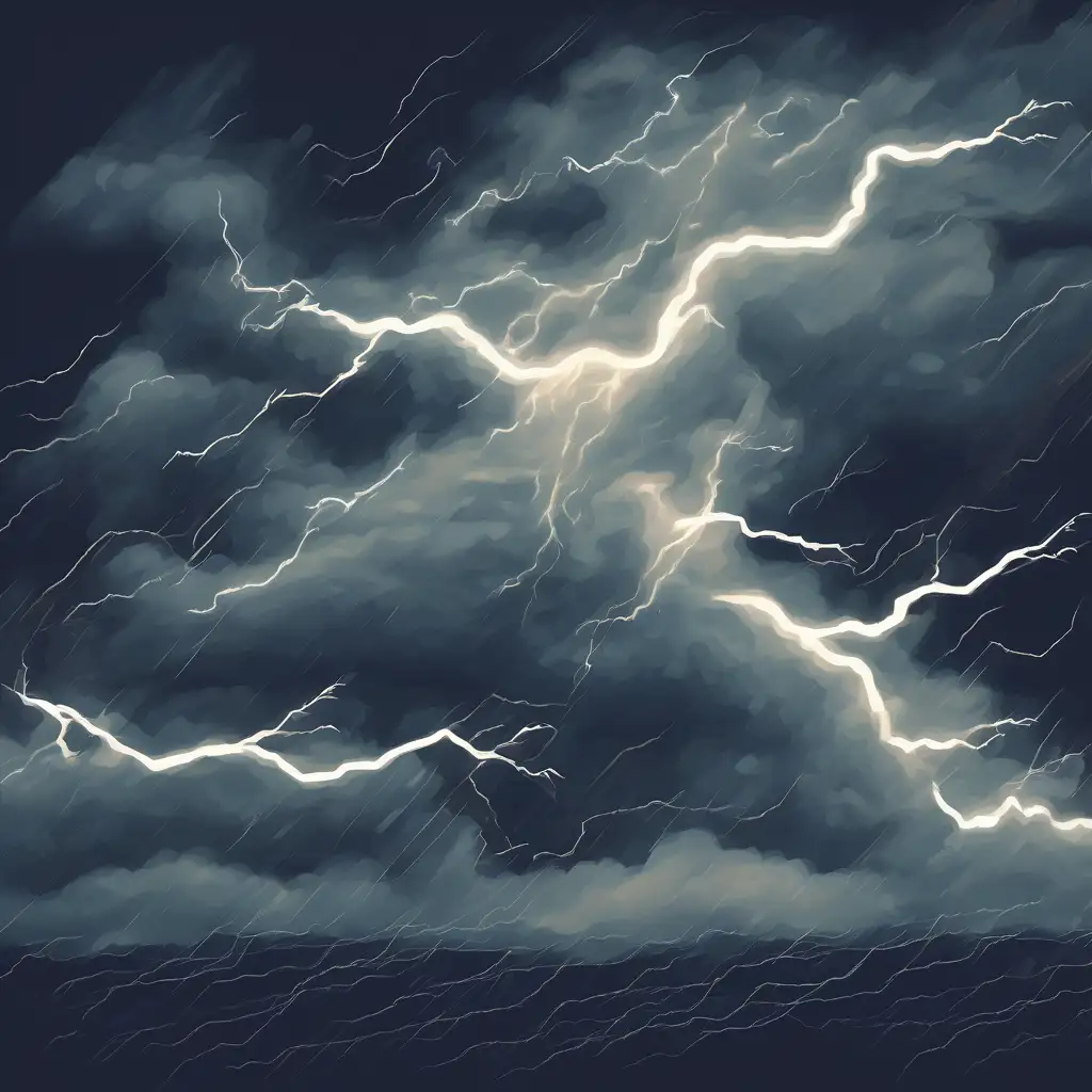 A digital illustration of an intense lightning storm with multiple bolts crossing a dark, cloudy sky, evoking The Illusion of Chaos.