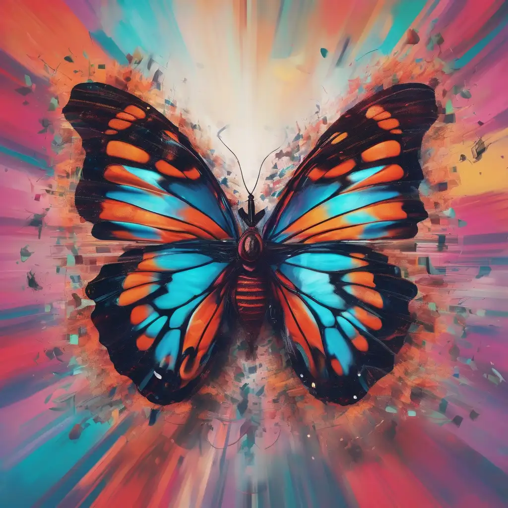Vibrant digital art of a butterfly against the illusion of chaos in a dynamic, abstract background.