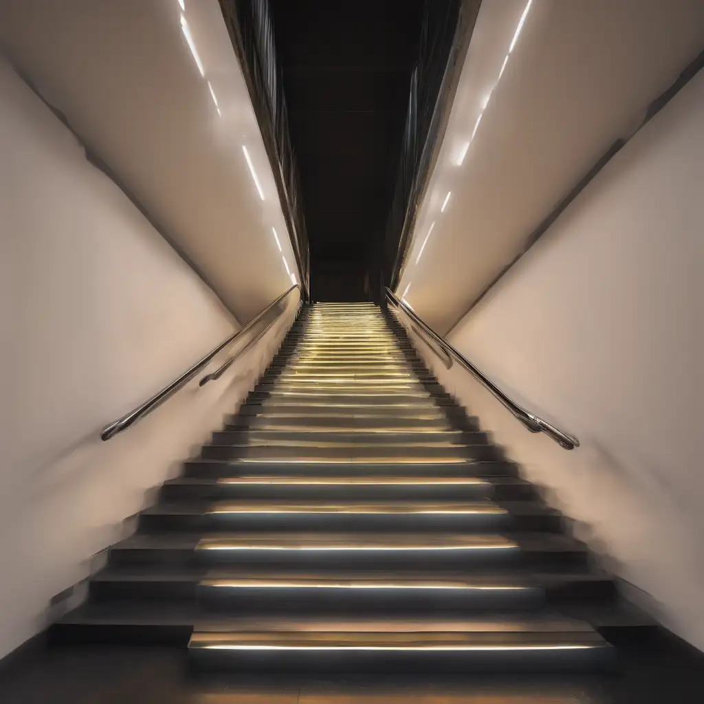 Staircase with illuminated handrails leading upwards in a modern interior influenced by Japanese Zen secrets to beat procrastination.