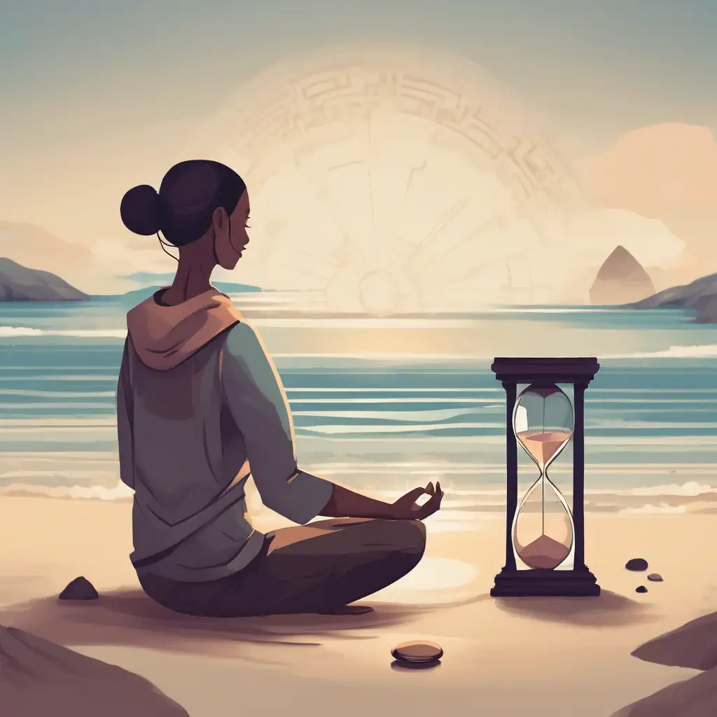 A person meditating on a beach next to an hourglass, embracing Japanese Zen secrets to beat procrastination, with a tranquil sunrise in the background.