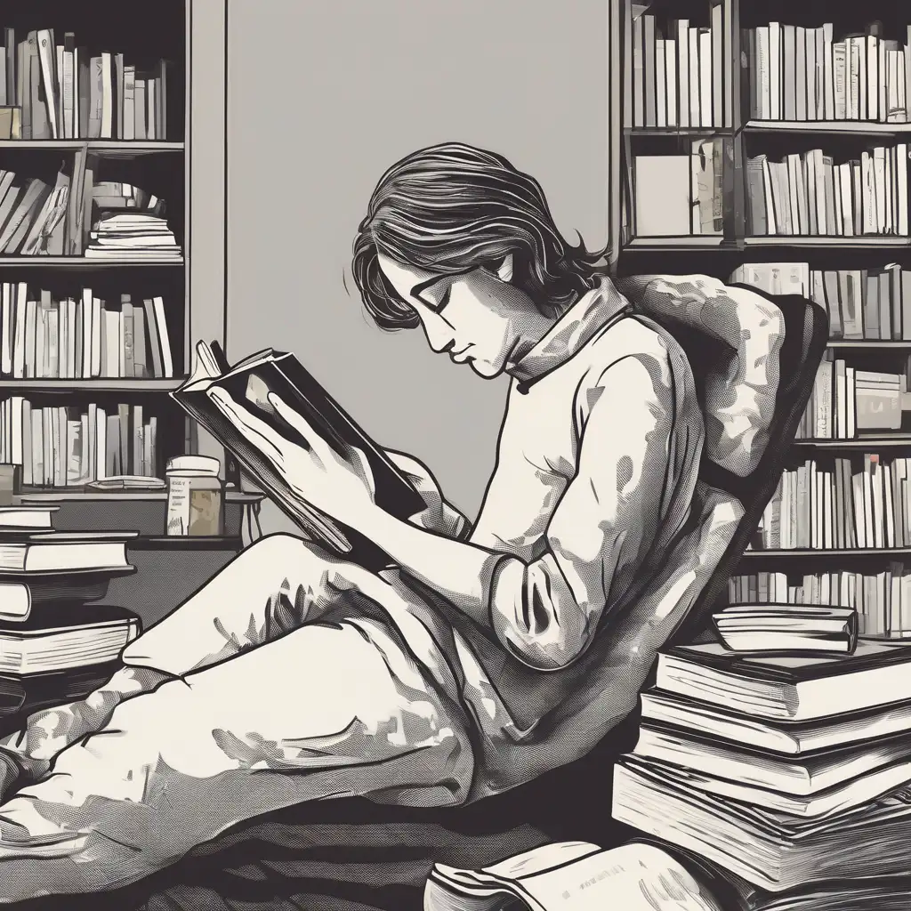 Black and white illustration of a person reading a book, sitting among piles of books in a cozy, book-filled room to prevent microsleep.