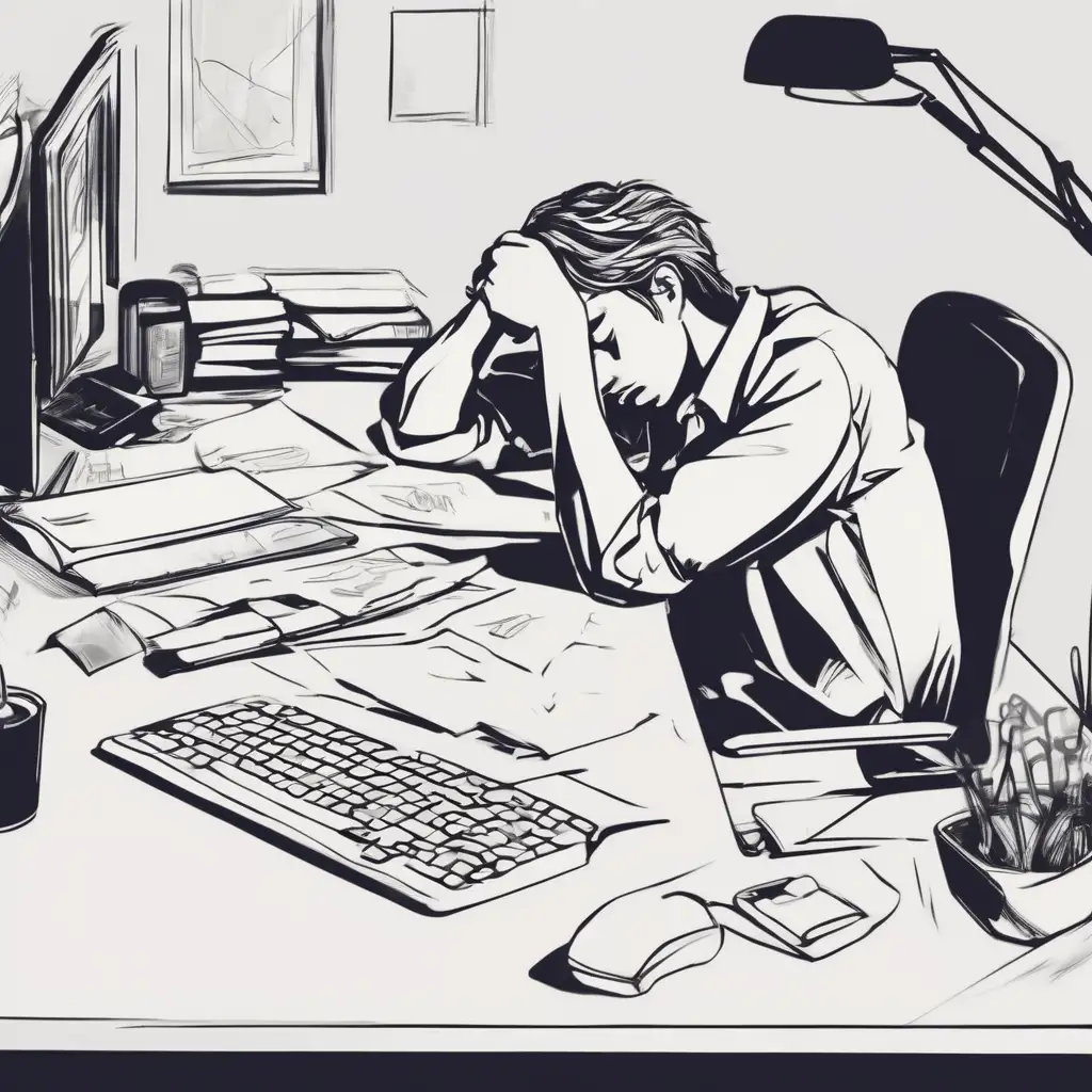 Illustration of a man sitting at a cluttered desk, resting his head in his hands, likely experiencing microsleep, surrounded by papers and a computer.