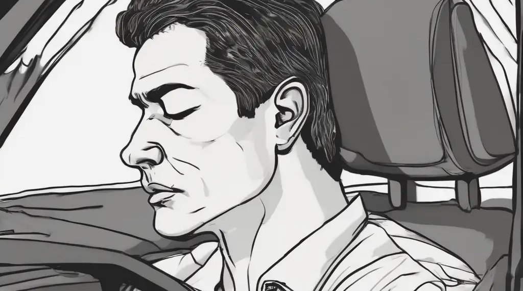 A black and white illustration of a man preventing microsleep while driving a car, gazing forward with a focused expression.