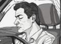 A black and white illustration of a man preventing microsleep while driving a car, gazing forward with a focused expression.