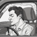 A black and white illustration of a man preventing microsleep while driving a car, gazing forward with a focused expression.
