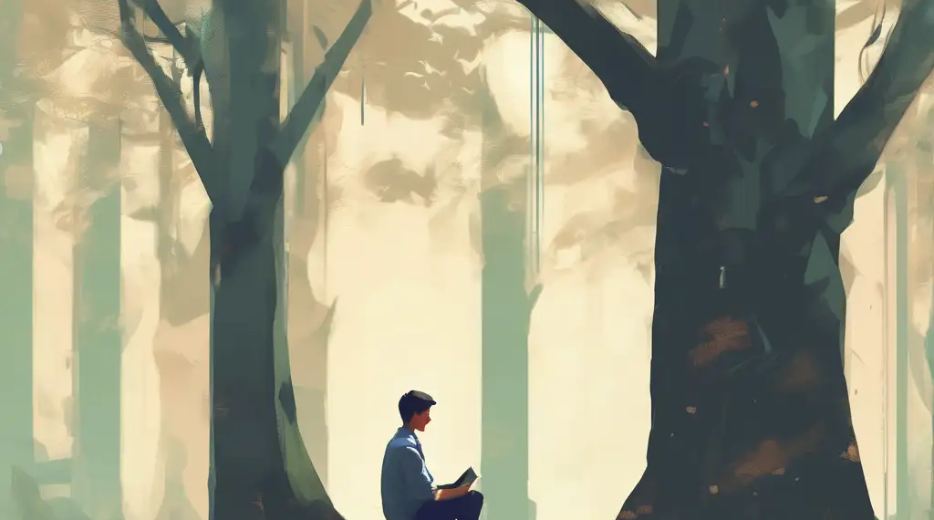 Man reading under the canopy of a misty forest, embodying the spirit of ganbaru.