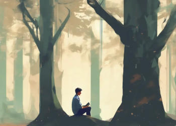 Man reading under the canopy of a misty forest, embodying the spirit of ganbaru.