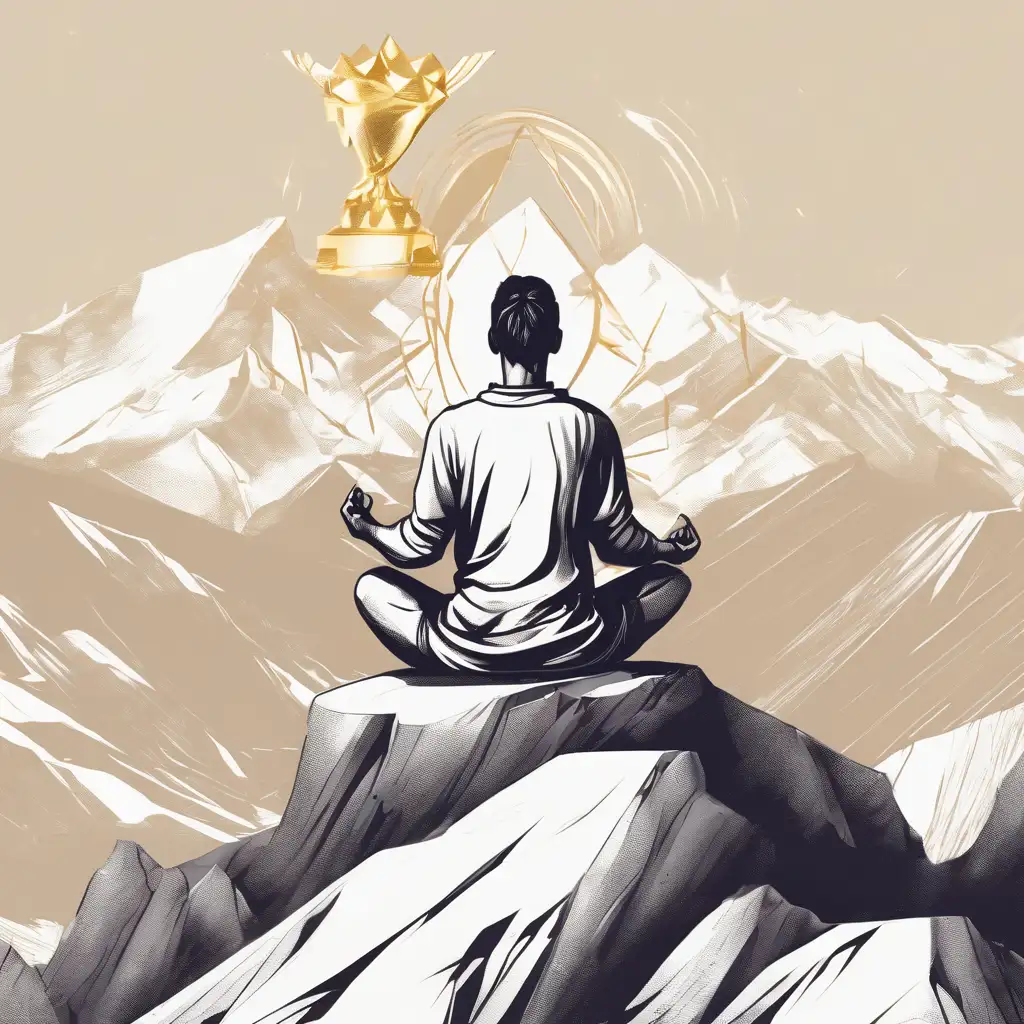 A person meditating on a mountain peak with a glowing trophy above them, surrounded by a radiant circular motif, embodying the essence of a stress-free life.
