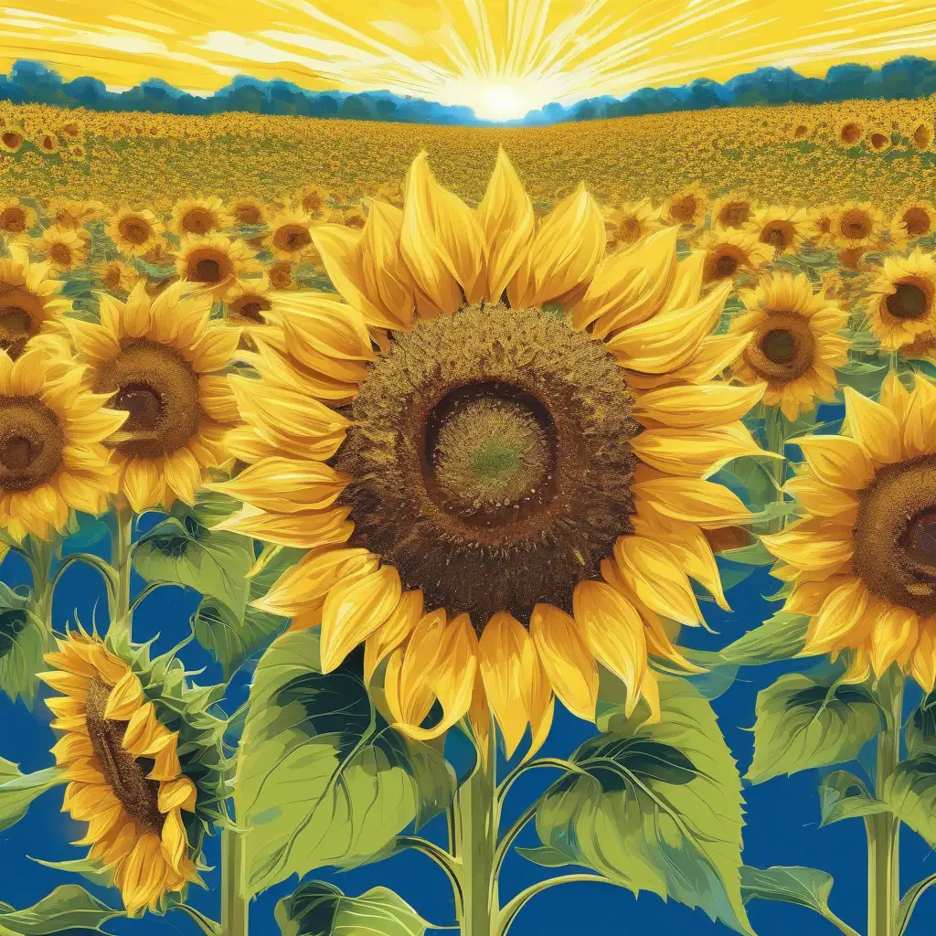 Vibrant sunflower field under a bright sun, with bold yellow petals and blue sky in the background, embodying a stress-free life.