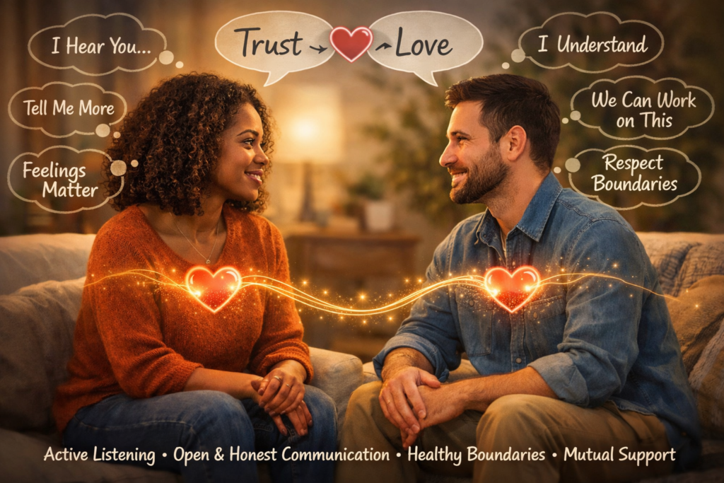 How to Break Toxic Relationship Patterns and Build Deeper Love 8 A man and woman sit facing each other, smiling, with illustrated hearts and text bubbles about communication, trust, and boundaries between them, showing how to build deeper love by avoiding toxic relationship patterns.