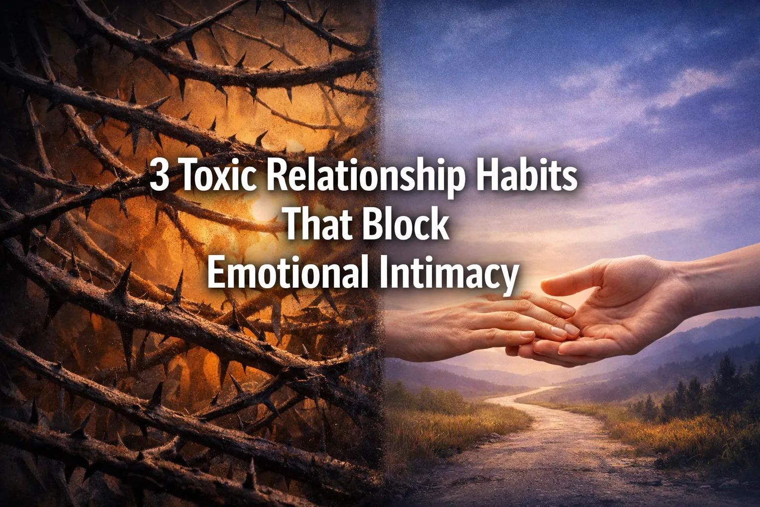 Image split in half: left side shows sharp thorns with dark lighting, right side shows two hands reaching toward each other against a peaceful landscape. Text reads, "3 Toxic Relationship Habits That Block Emotional Intimacy.
