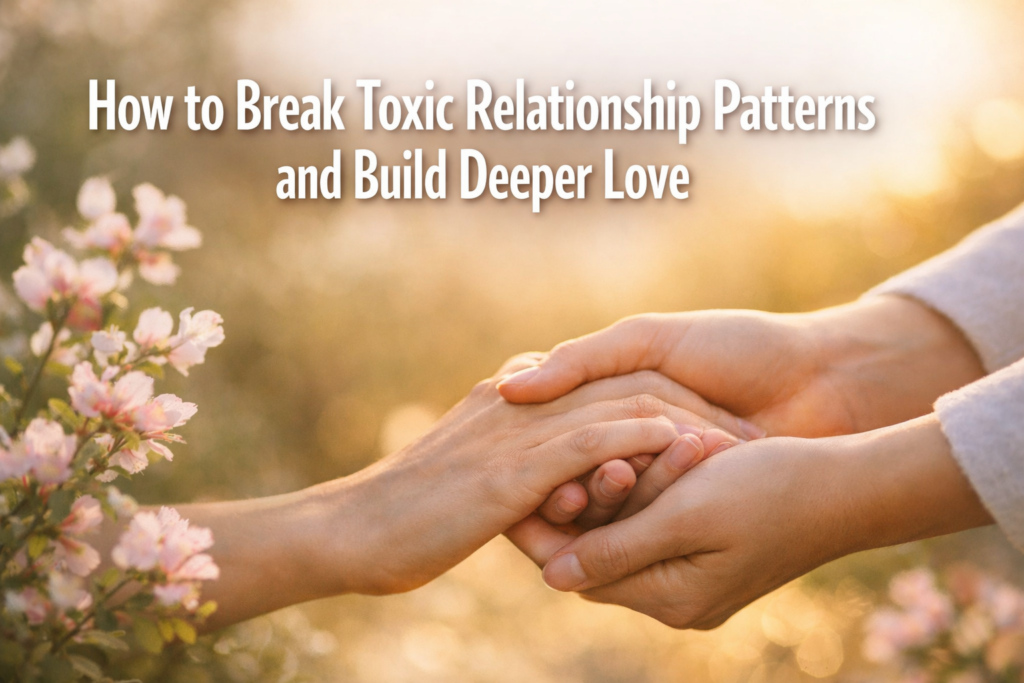 How to Break Toxic Relationship Patterns and Build Deeper Love 6 Two people gently holding hands outdoors among flowers, with the text "How to Break Toxic Relationship Patterns and Build Deeper Love" above them, symbolizing the journey to build deeper love by breaking toxic relationship patterns.
