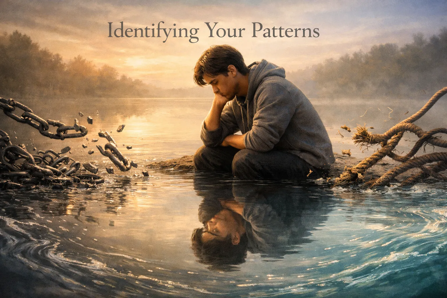 How to Break Toxic Relationship Patterns and Build Deeper Love 7 Write text in English only on all images. Don't write in Hindi. Landscape format (1536x1024) editorial image depicting a person thoughtfully