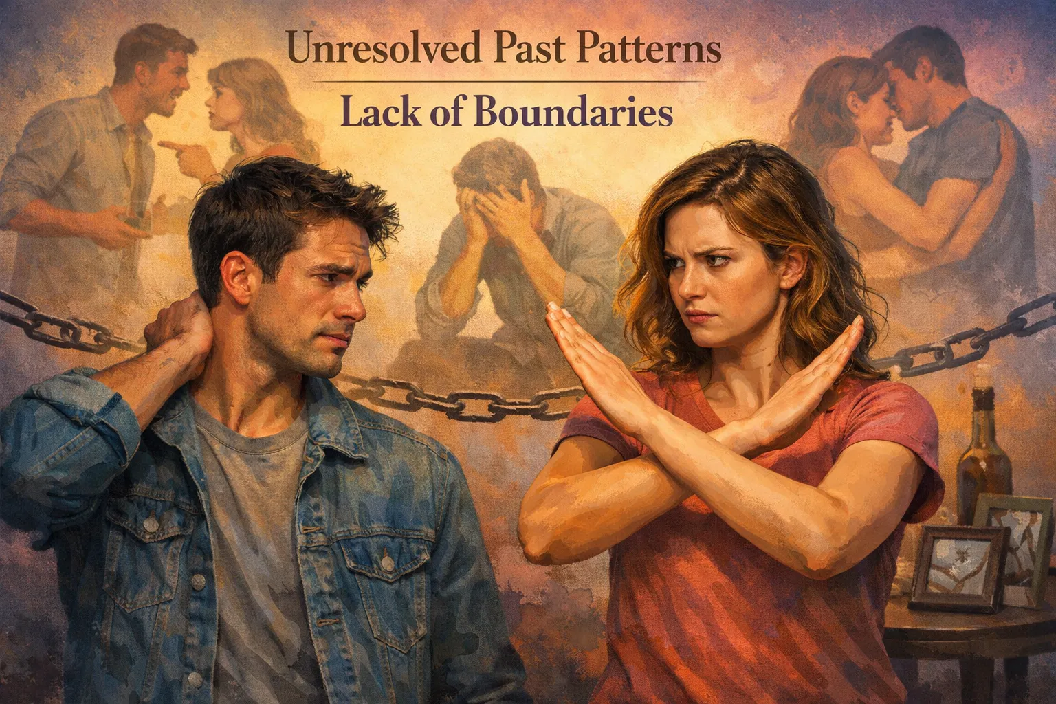 Unhealthy Relationship Habits You Must Break for Lasting Connection 7 Write text in English only on all images. Don't write in Hindi. Landscape format (1536x1024) image depicting the concept of unresolved past