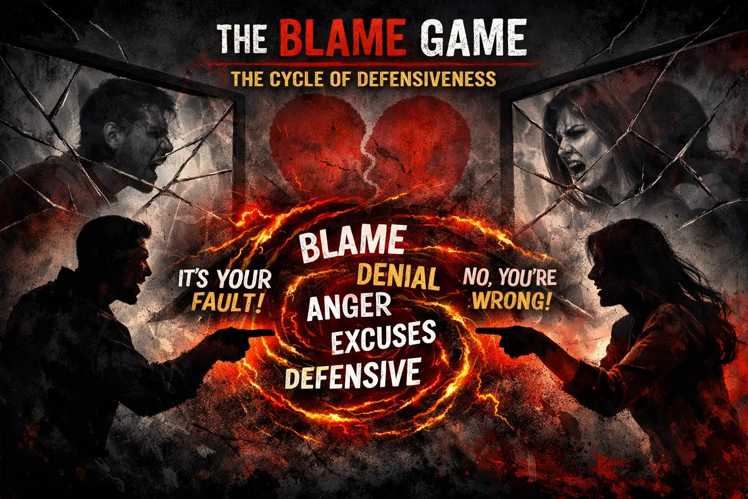 3 Toxic Relationship Habits That Block Emotional Intimacy 8 Write text in English only on all images. Don't write in Hindi. Landscape format (1536x1024) image illustrating 'The Blame Game' and the cyc
