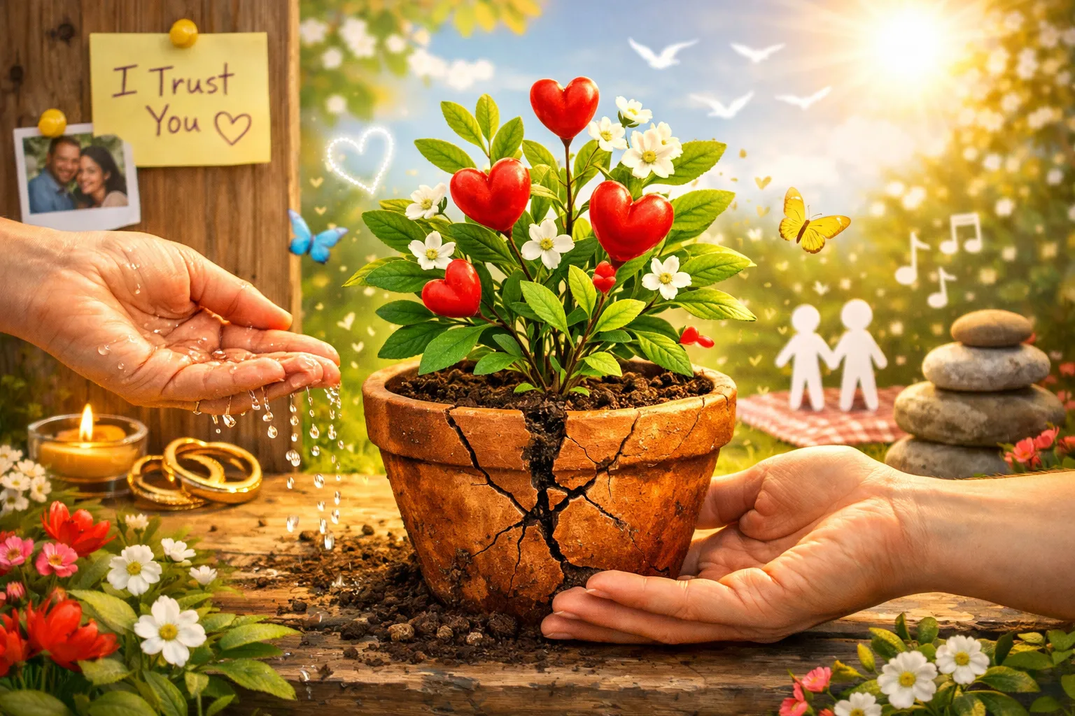 How to Break Toxic Relationship Patterns and Build Deeper Love 9 Write text in English only on all images. Don't write in Hindi. Landscape format (1536x1024) image showing a vibrant, flourishing plant grow