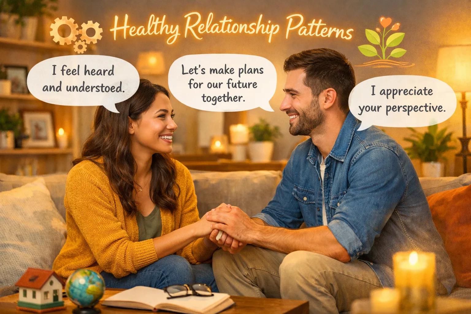 Unhealthy Relationship Habits You Must Break for Lasting Connection 8 Write text in English only on all images. Don't write in Hindi. Landscape format (1536x1024) image showcasing healthy relationship patterns: