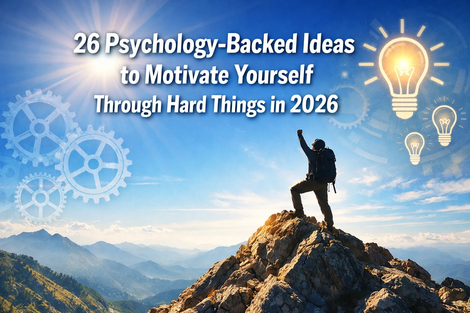 A climber triumphantly reaches a mountain peak, symbolizing motivation, with text: "26 Psychology-Backed Ideas for 2026.