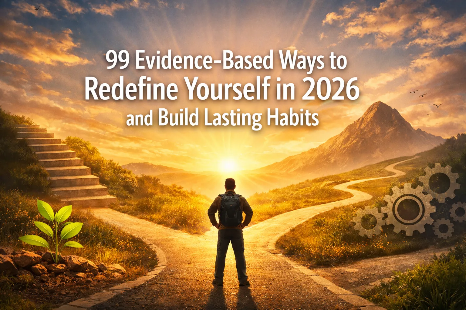 Man standing at crossroads with plant and gears, facing sunrise. Text: "99 Evidence-Based Ways to Redefine Yourself in 2026.