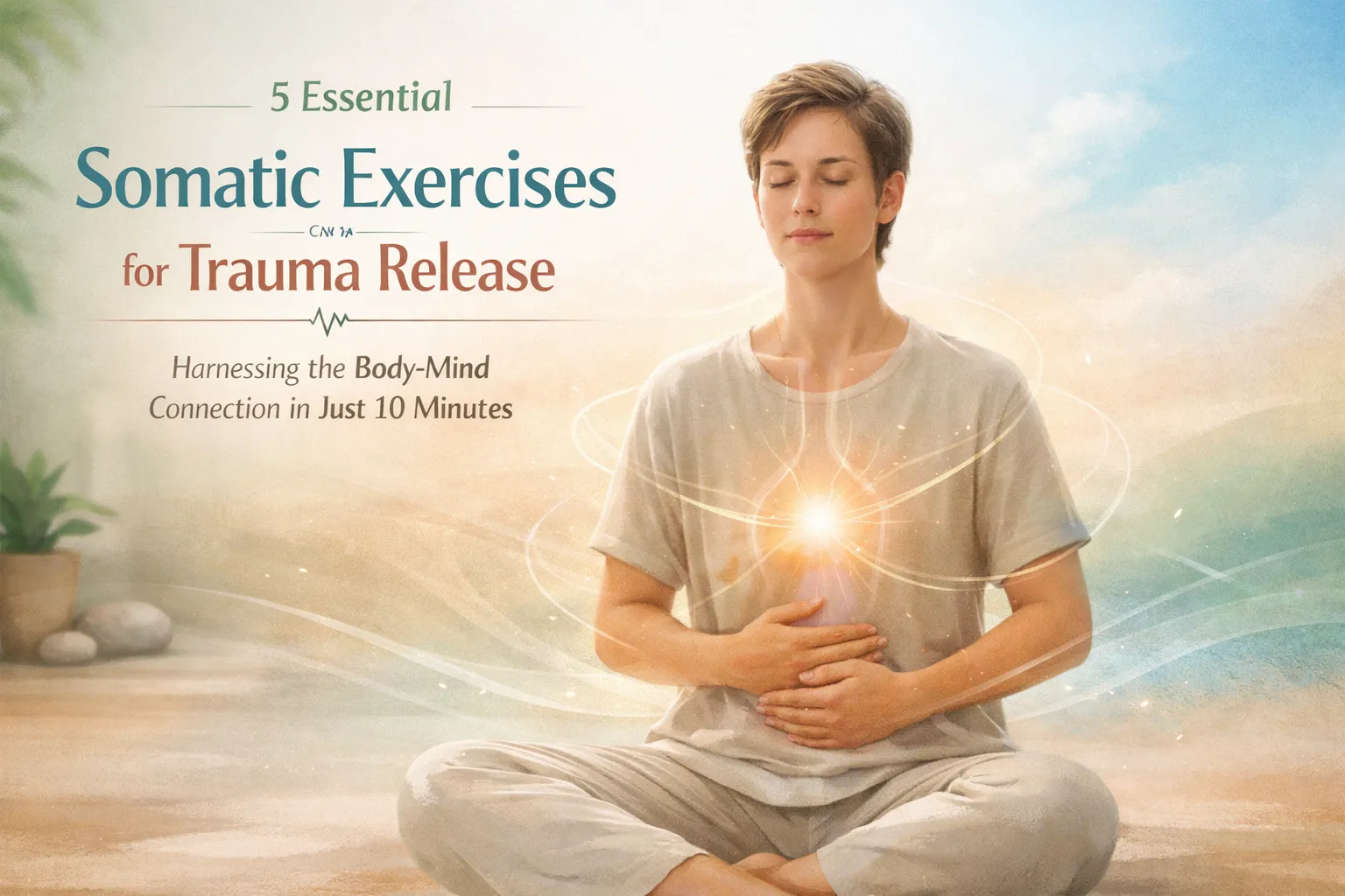 A person sits cross-legged with eyes closed, hands on abdomen, and light at their chest, promoting somatic exercises for trauma healing. Text emphasizes the body-mind connection and how somatic exercises can help in just 10 minutes.