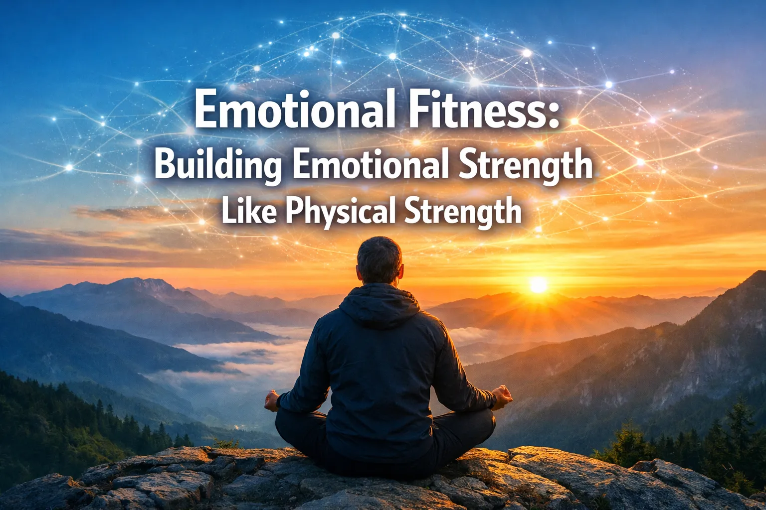 A person meditates on a mountain at sunrise, highlighting the concept of Emotional Fitness and strength building.