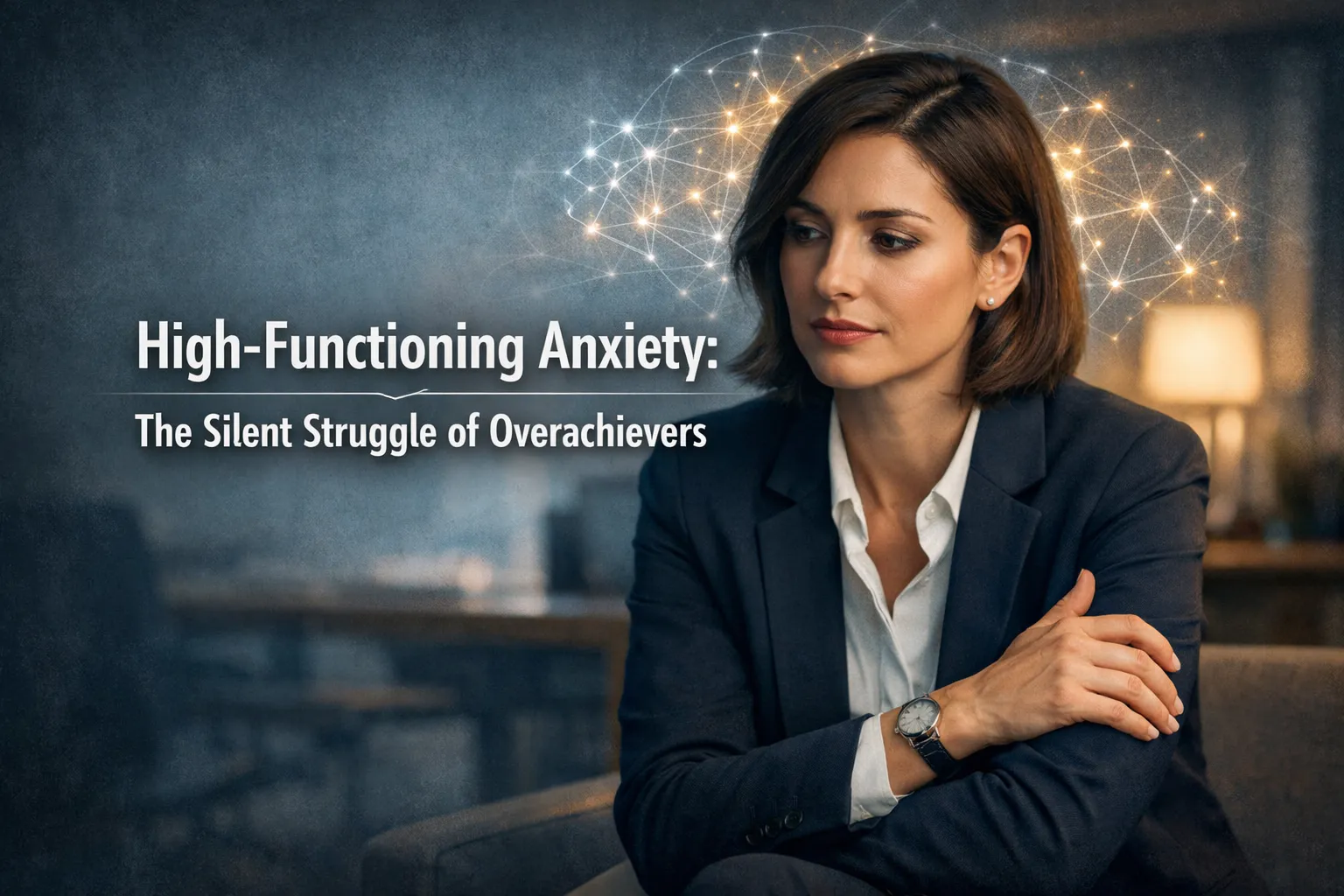 Woman in a suit sitting pensively, highlighting the theme of functioning anxiety and overachievers' silent struggle.