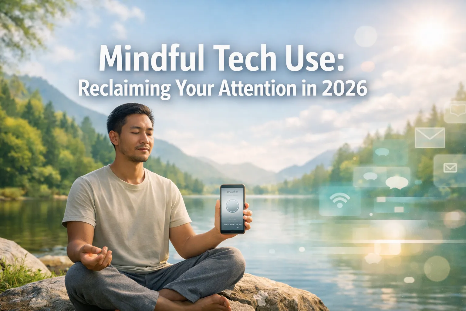 Man meditating by a lake holding a phone, symbolizing mindful tech use and attention in 2026.
