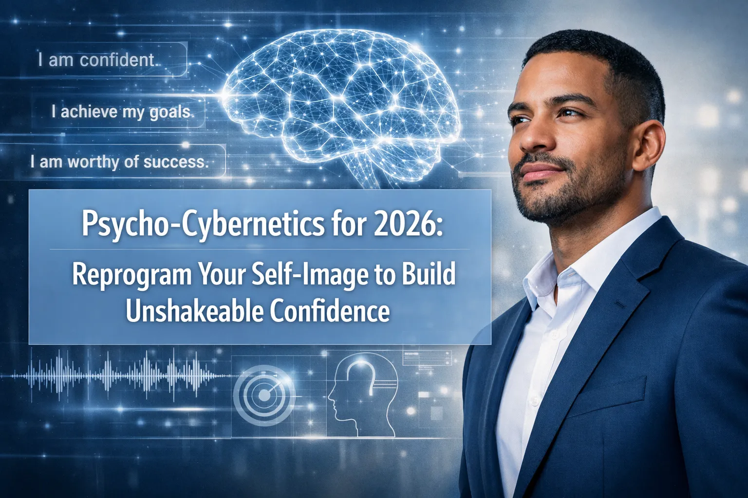 Man in suit with digital brain illustration and affirmations; text: "Psycho-Cybernetics for 2026: Reprogram Your Self-Image.