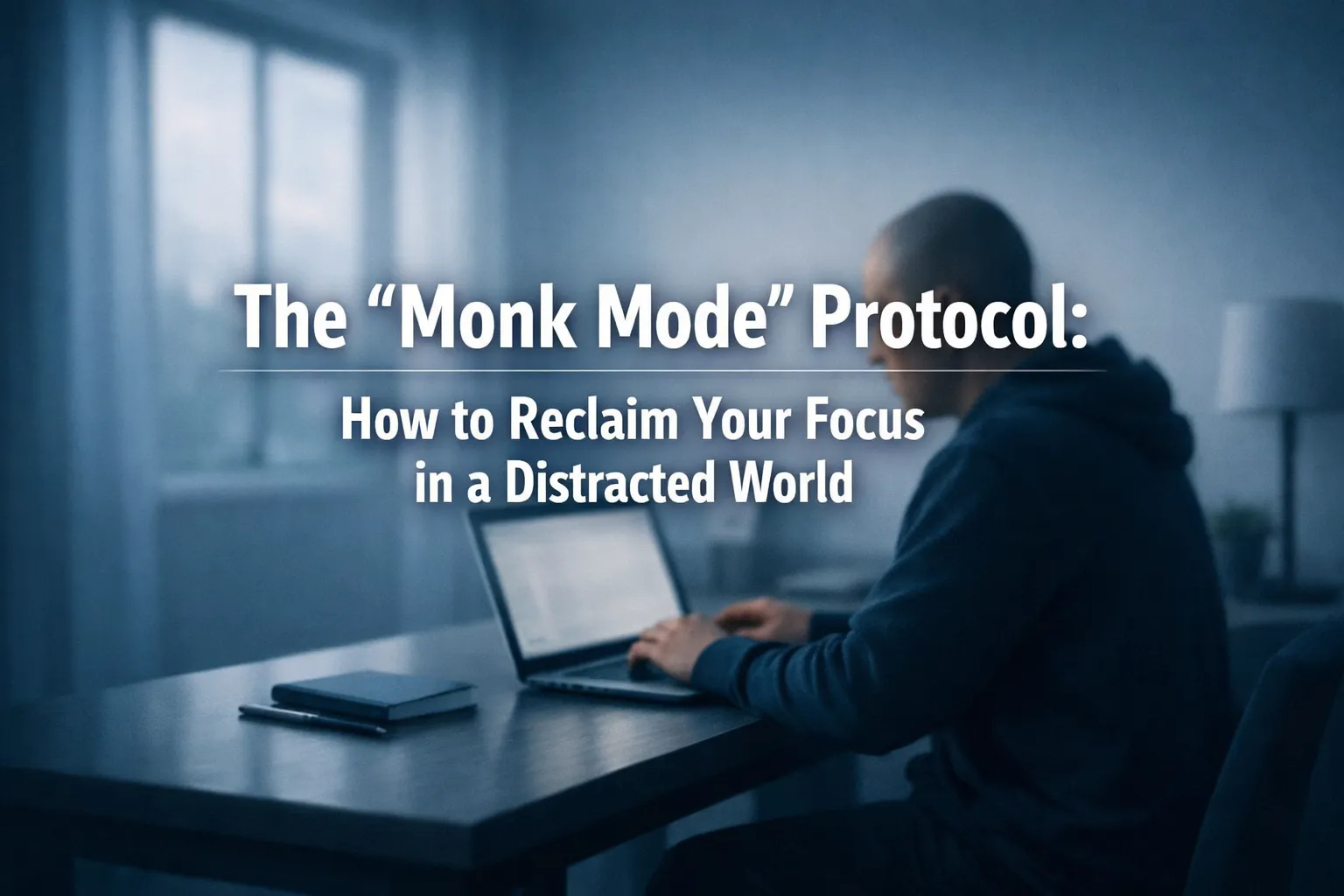 Person in hoodie focused on laptop next to text "The 'Monk Mode' Protocol: How to Reclaim Your Focus in a Distracted World.