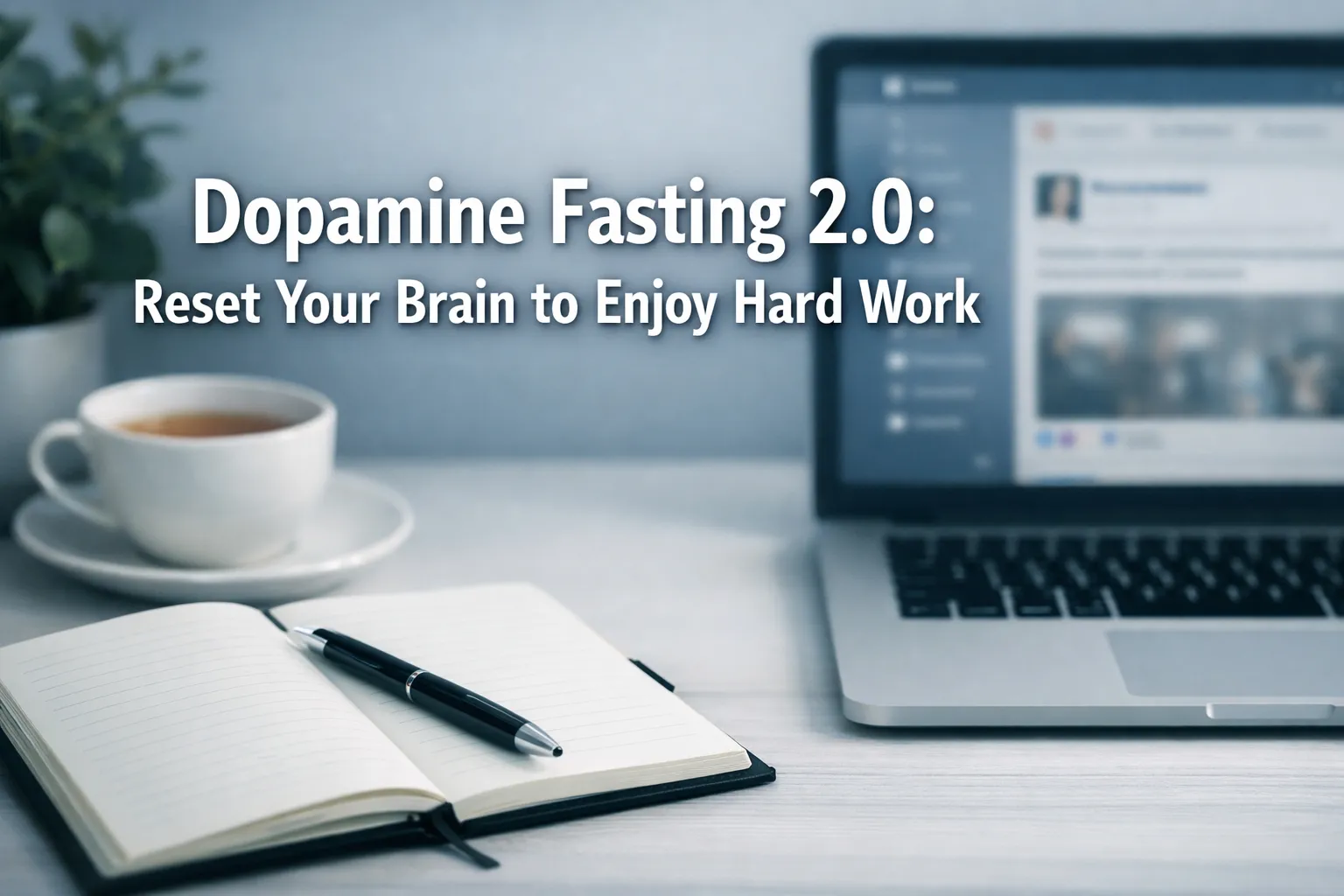 A notebook with a pen, a cup of tea, and a laptop on a desk, with the text: "Dopamine fasting: Reset your brain to enjoy hard work.