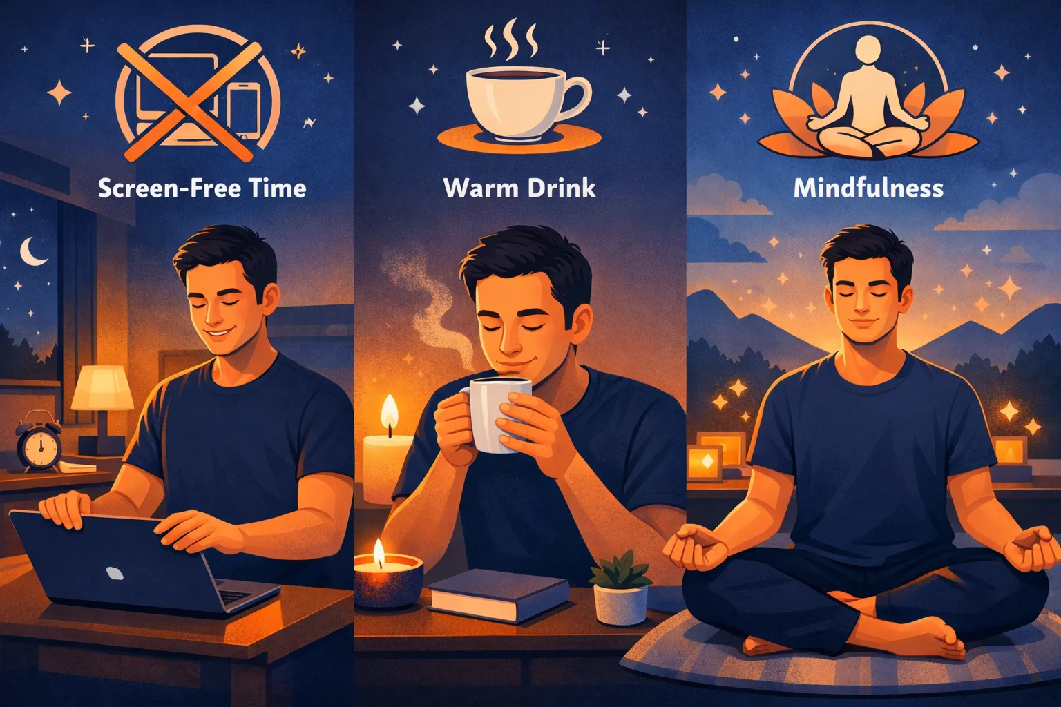 Sleep Hygiene Checklist: The Ultimate Guide to Deep Rest in 2026 3 Illustration showing a man practicing screen-free time, drinking a warm beverage, and meditating—representing habits for relaxation, mindfulness, and deep rest in a cozy, calm setting.