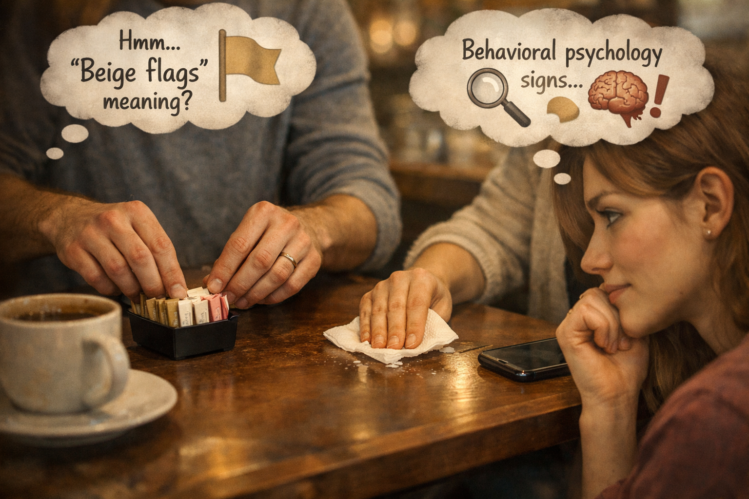 10 Subtle “Beige Flags” That Reveal a Person’s True Character 3 Two people sit at a café table; one sorts sugar packets, pondering beige flags as subtle personality traits, while the other looks on, analyzing these small actions for hints of true character.