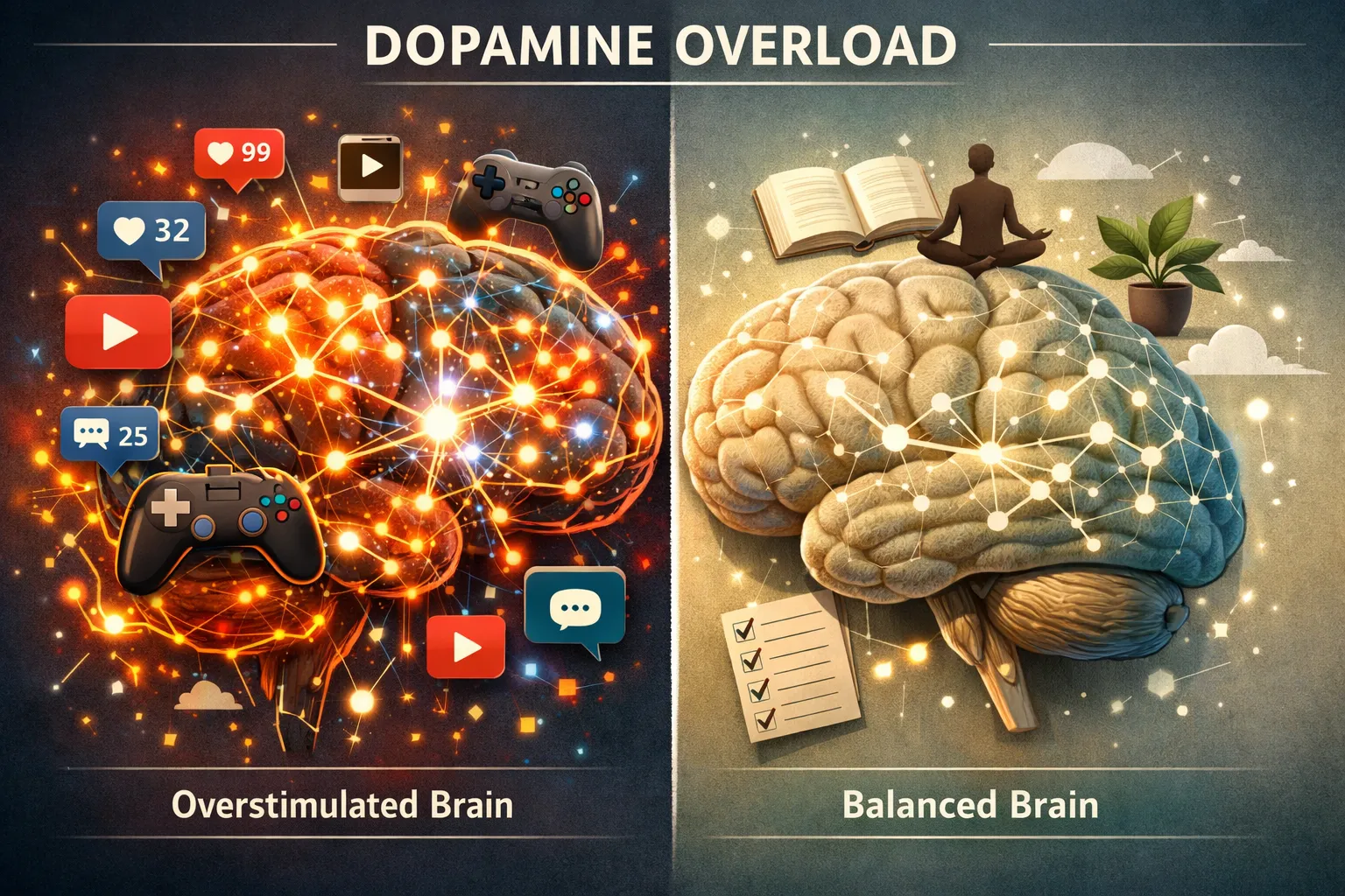Dopamine Fasting 2.0: Reset Your Brain to Enjoy Hard Work 3 Split image of two brains: left, "Overstimulated Brain" with social media and gaming icons; right, "Balanced Brain," featuring Dopamine fasting, meditation, books, plants, and a checklist to help reset your brain.