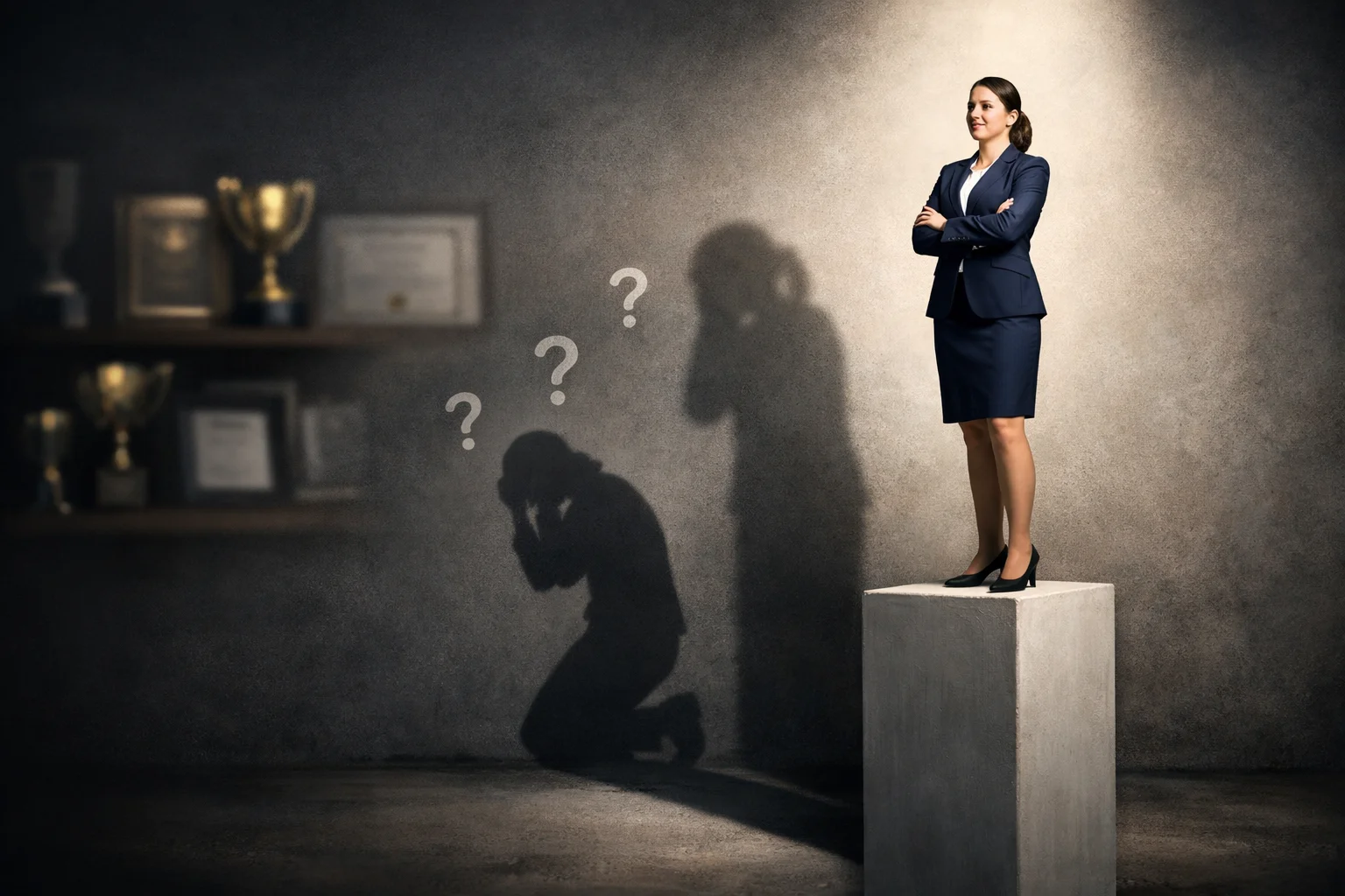 Imposter Syndrome: Why You Feel Like a Fraud (And How to Beat It) 2 A woman in business attire stands confidently on a pedestal, her shadow revealing Imposter Syndrome—a worried, crouching figure with question marks—on a wall lined with trophies and certificates.