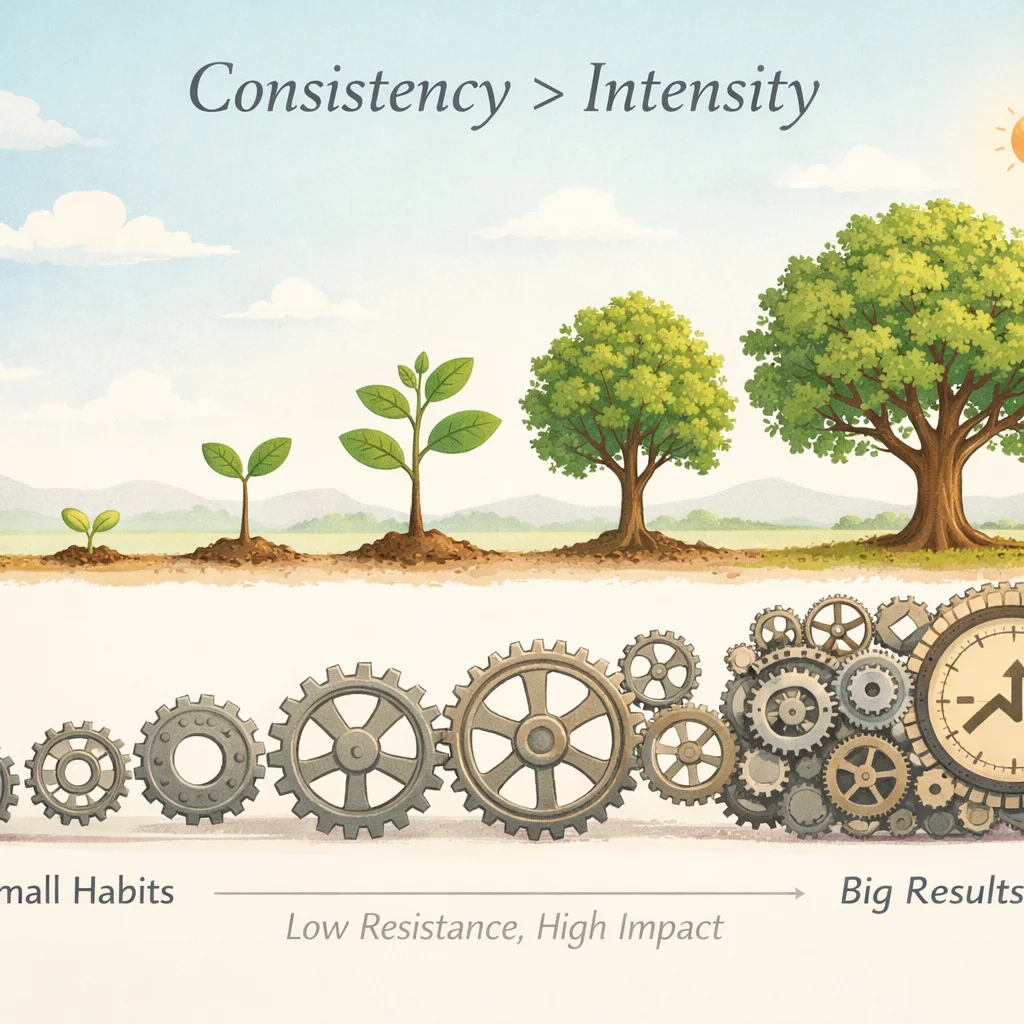 7 Micro Habits That Will Completely Transform Your Life in 2026 2 Illustration of trees growing from small to large above gears labeled "Small Habits" leading to "Big Results," the phrase "Consistency > Intensity," and a reminder that micro-habits can transform your life in 2026.