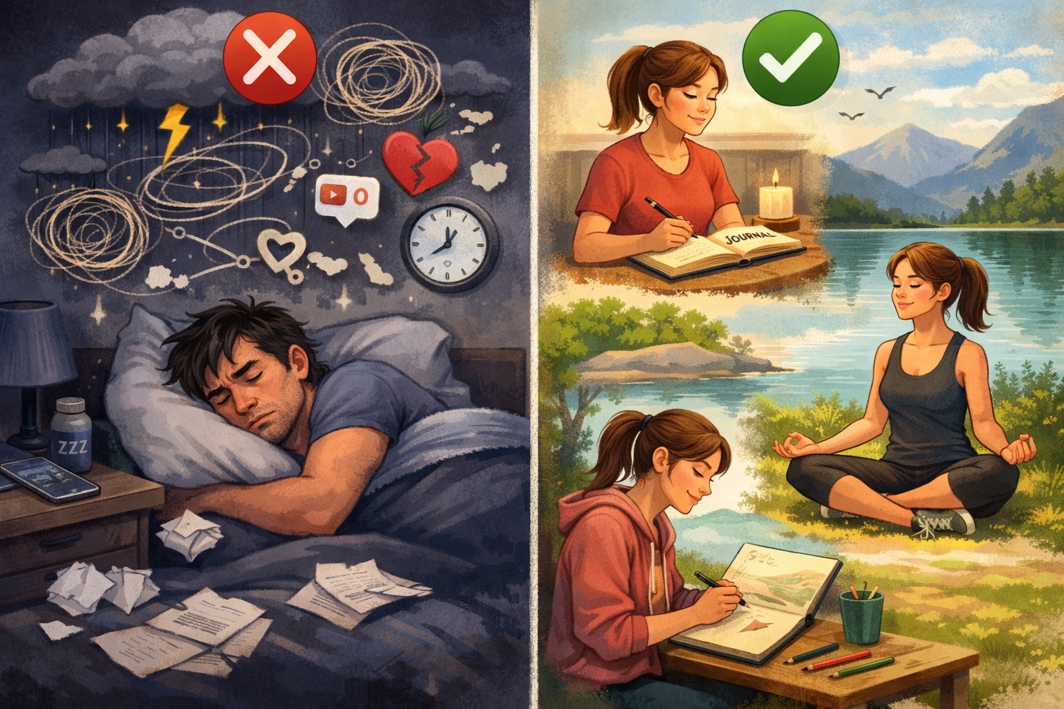 Why “Rest” Isn’t Just Sleeping: The 7 Types of Rest You Need 3 Split image showing unhealthy habits causing poor sleep and lack of rest on the left, and healthy habits like journaling, meditation, and drawing by a lake—illustrating different types of rest—on the right, with corresponding visual icons.