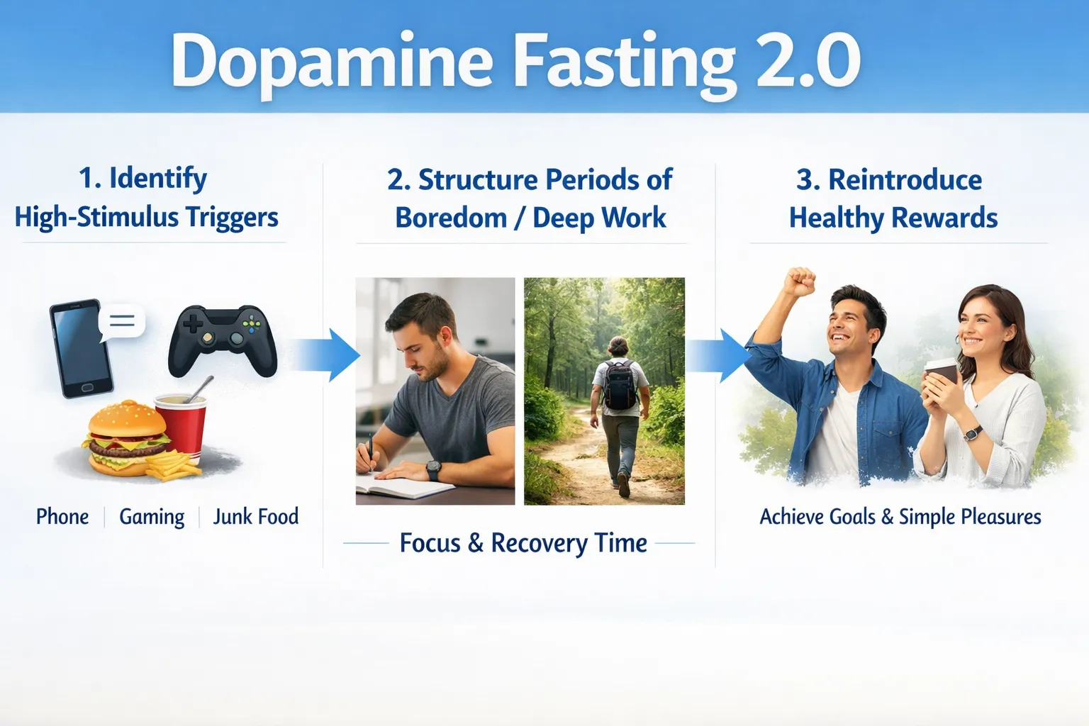 Dopamine Fasting 2.0: Reset Your Brain to Enjoy Hard Work 4 Infographic titled "Dopamine Fasting 2.0" showing three steps: identify high-stimulus triggers, structure periods of deep work and hard work, and reintroduce healthy rewards to help reset your brain.