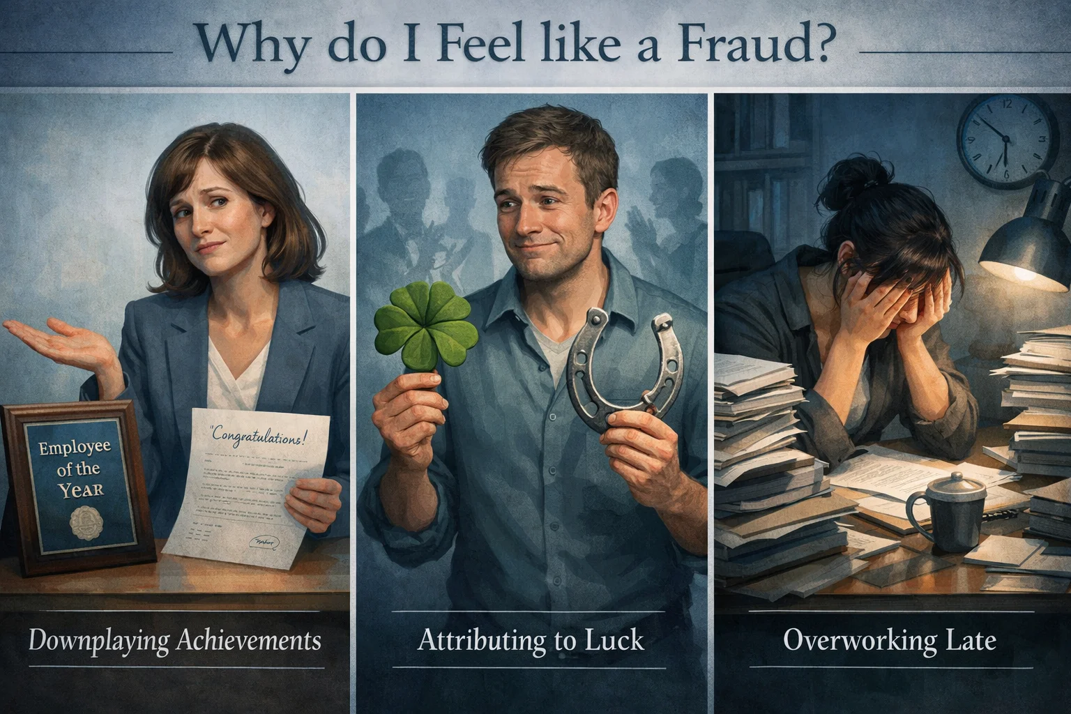 Imposter Syndrome: Why You Feel Like a Fraud (And How to Beat It) 3 Three panels show a woman downplaying achievements, a man attributing success to luck, and another woman overworking late—all illustrating Imposter Syndrome and the inner struggle with feeling like a fraud.