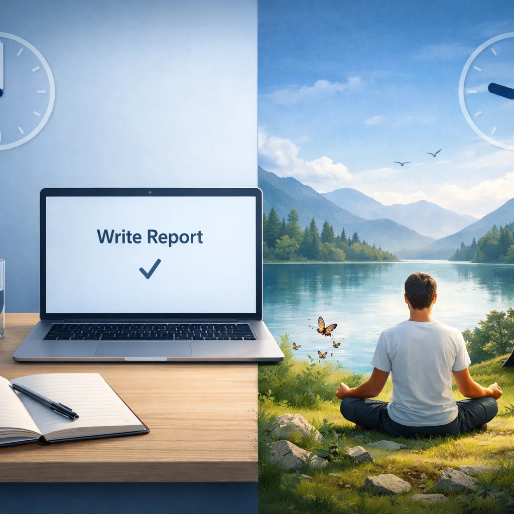 7 Micro Habits That Will Completely Transform Your Life in 2026 3 A split image shows a desk with a laptop displaying "Write Report" on one side, and a person meditating by a lake in nature on the other—showcasing how micro-habits can help transform your life for balance and productivity in 2026.