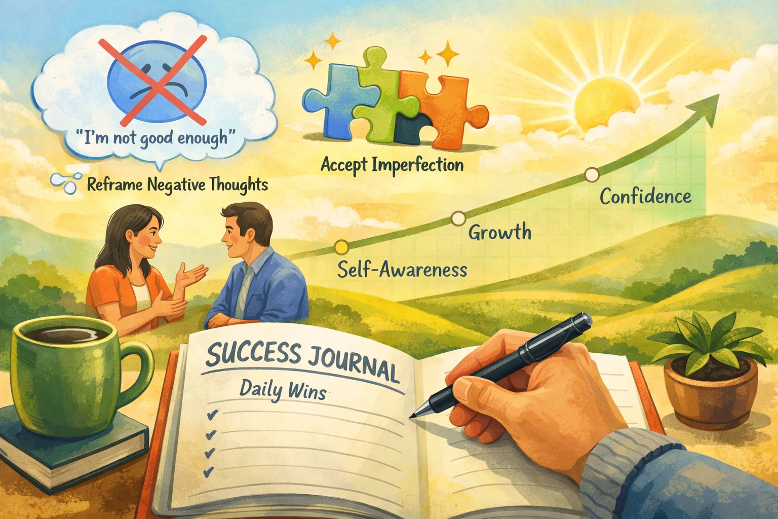 Imposter Syndrome: Why You Feel Like a Fraud (And How to Beat It) 4 An illustrated guide shows how to beat Imposter Syndrome and boost self-confidence by reframing negative thoughts, accepting imperfection, and tracking progress in a success journal.