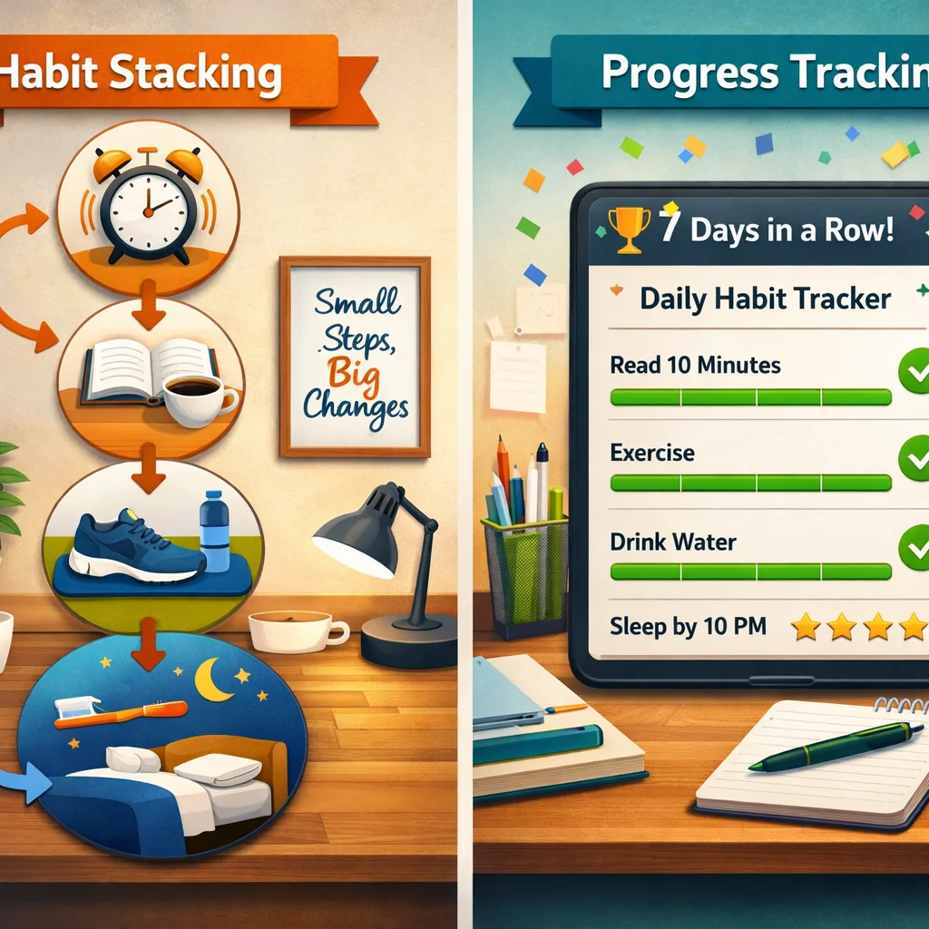 7 Micro Habits That Will Completely Transform Your Life in 2026 4 A split image showing habit stacking steps with icons on the left and a digital habit tracker with completed micro-habits on the right, emphasizing daily routine and progress tracking to transform your life by 2026.